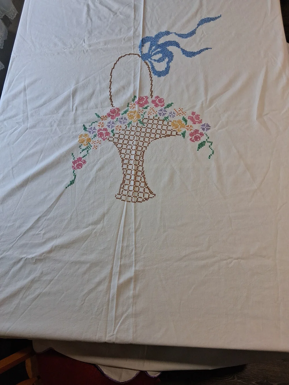 Vintage Large Basket Of Flowers Tablecloth 74x102